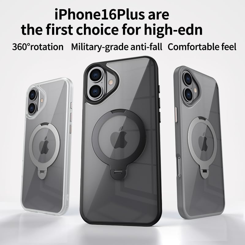 Magnetic phone case for iPhone 16 Plus, supports wireless charging, 360° rotating bracket, military-grade drop protection Gray