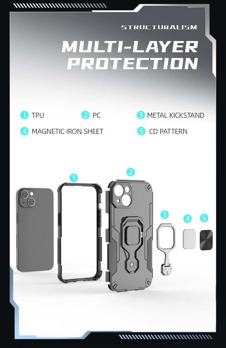 Magnetic bracket mobile phone case for iPhone 13, military-grade four-corner airbag shockproof protection mobile phone case, 360° metal bracket compatible with finger ring buckle Blue