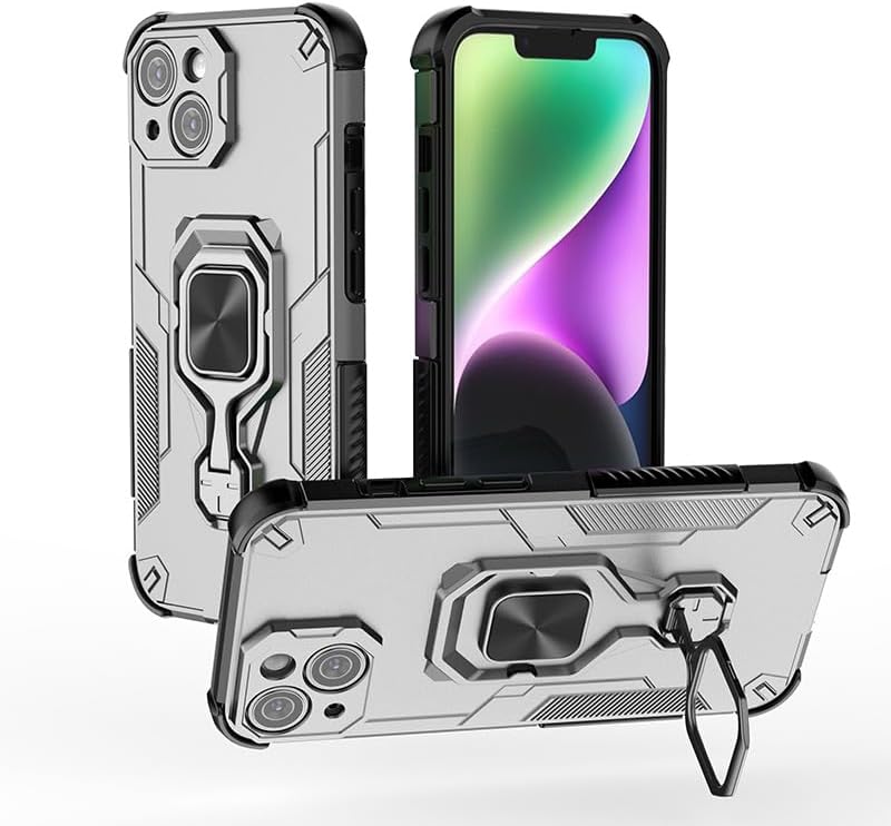 Magnetic bracket mobile phone case for iPhone 13, military-grade four-corner airbag shockproof protection mobile phone case, 360° metal bracket compatible with finger ring buckle Blue