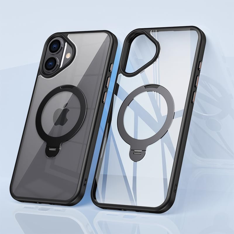 Magnetic phone case for iPhone 16 Plus, supports wireless charging, 360° rotating bracket, military-grade drop protection Gray