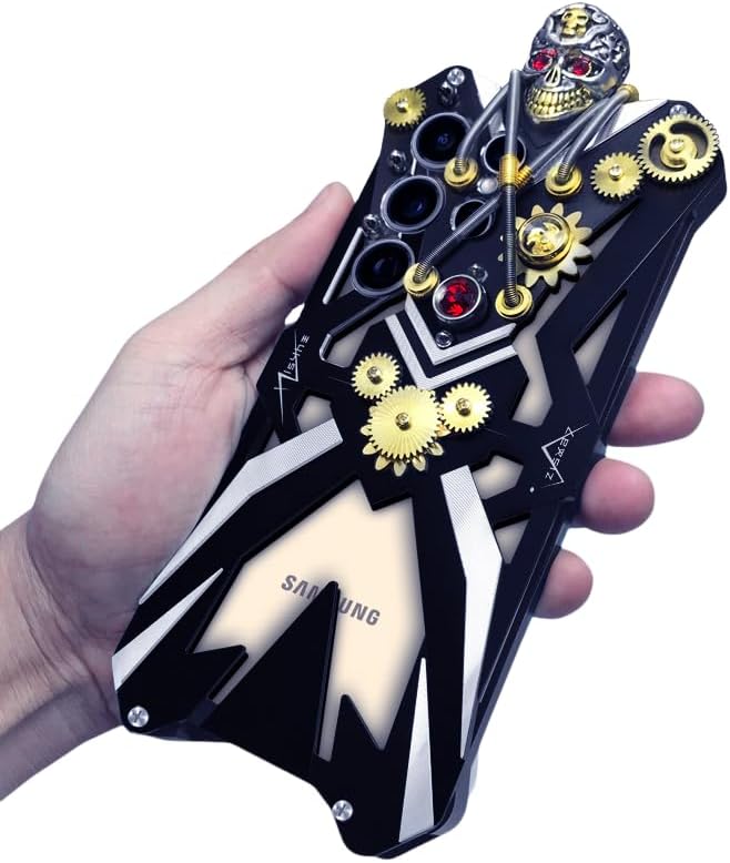 iTape Mechanical gear metal phone case for Samsung Galaxy S23 Ultra, Steampunk Gothic style skull stand phone case for Samsung Galaxy S23 Ultra Black