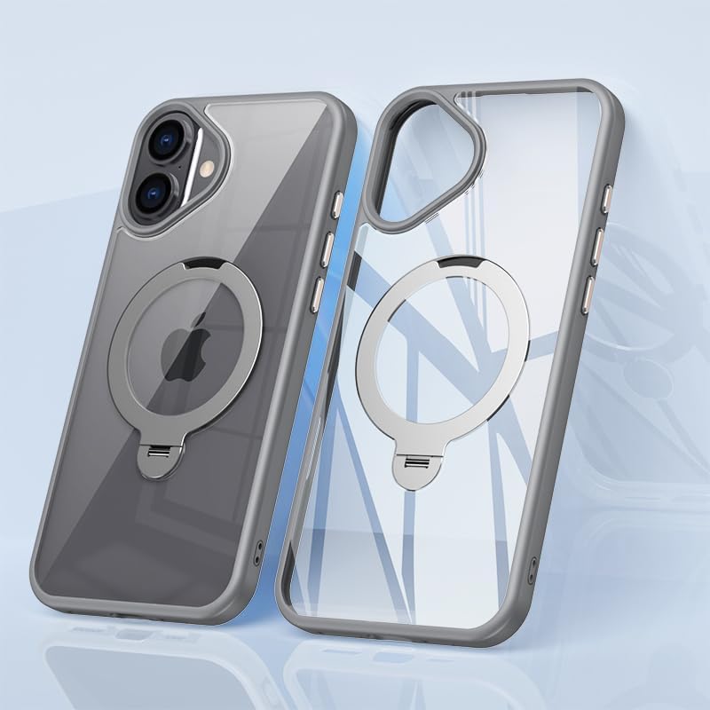 Magnetic phone case for iPhone 16 Plus, supports wireless charging, 360° rotating bracket, military-grade drop protection Gray
