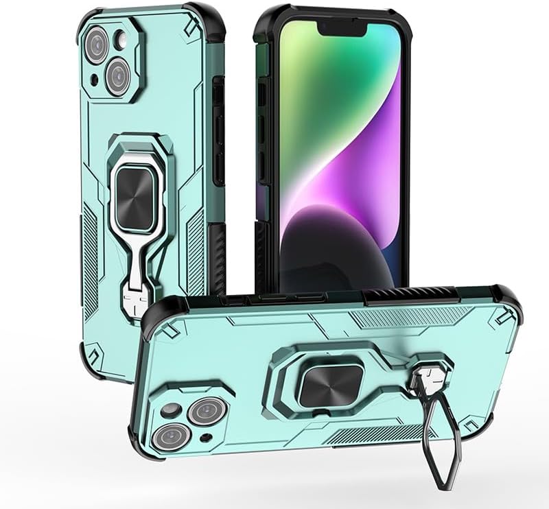 Magnetic bracket mobile phone case for iPhone 13, military-grade four-corner airbag shockproof protection mobile phone case, 360° metal bracket compatible with finger ring buckle Blue
