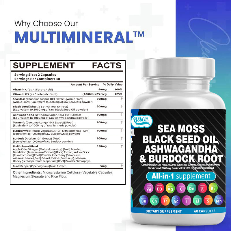 Sea Moss Fitness Burdock Multi-Mineral Vitamin Edible Supplement Dietary, Healthcare 60 Count