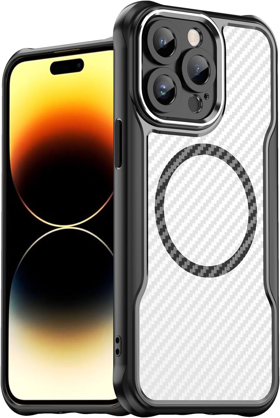 Magnetic carbon fibre case for iPhone 14 Pro max, support wireless charging, carbon fibre shockproof slim case Green