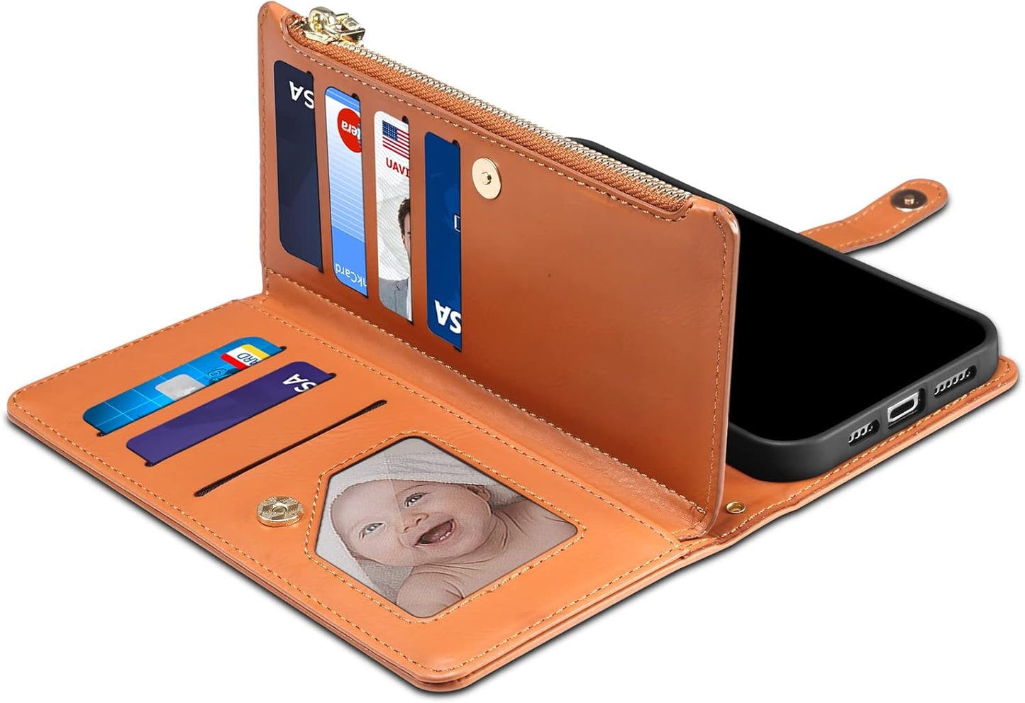 iTape Wallet case for Samsung Galaxy S24 Ultra, card slot photo frame flip stand phone protective case (RFID anti-theft brush) with wrist strap, cross-body strap Orange