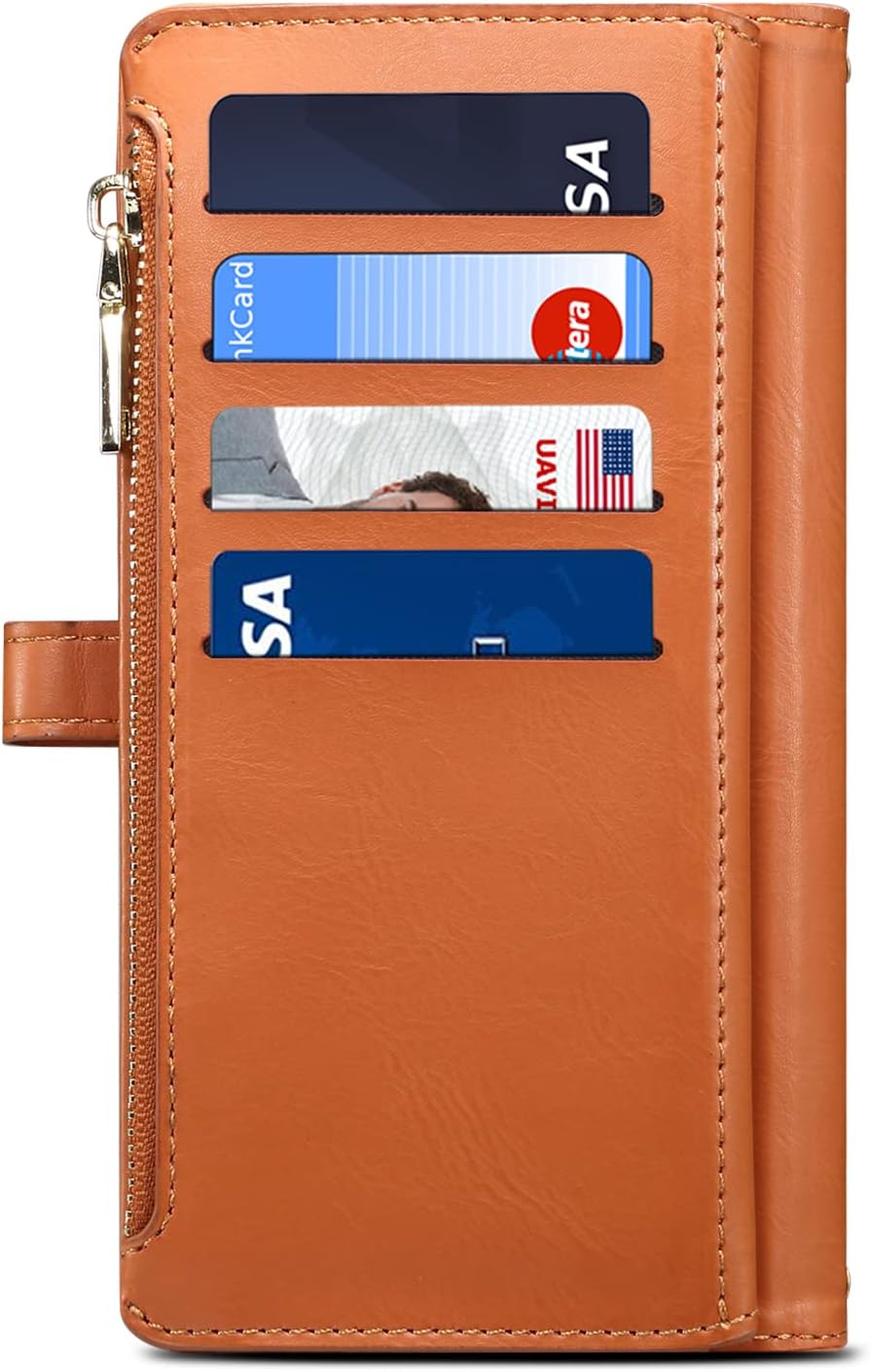 iTape Wallet case for Samsung Galaxy S24 Ultra, card slot photo frame flip stand phone protective case (RFID anti-theft brush) with wrist strap, cross-body strap Orange