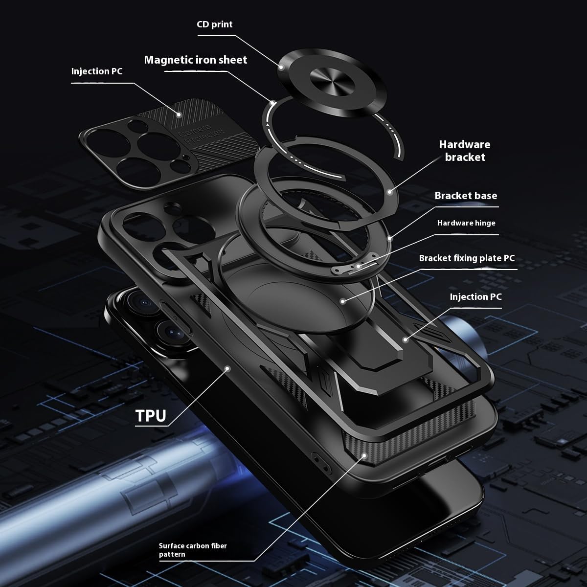 Hard Plated PC Armor Cover for iPhone 15 Pro max with 360° Rotating Metal Ring Strong Magnetic Car Mount Phone Case Support wireless charging Gray