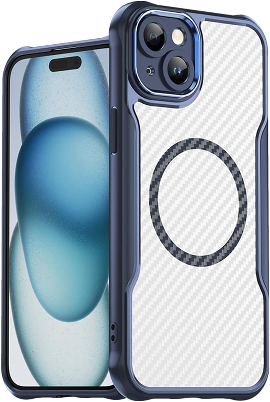 Magnetic carbon fibre case for iPhone 15 Plus, support wireless charging, carbon fibre shockproof slim case Black