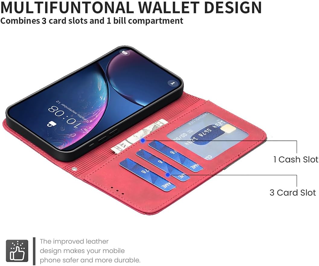 Denim pebbled phone case for iPhone 16E, magnetic buckle wallet case, flip-top stand for shock protection Red