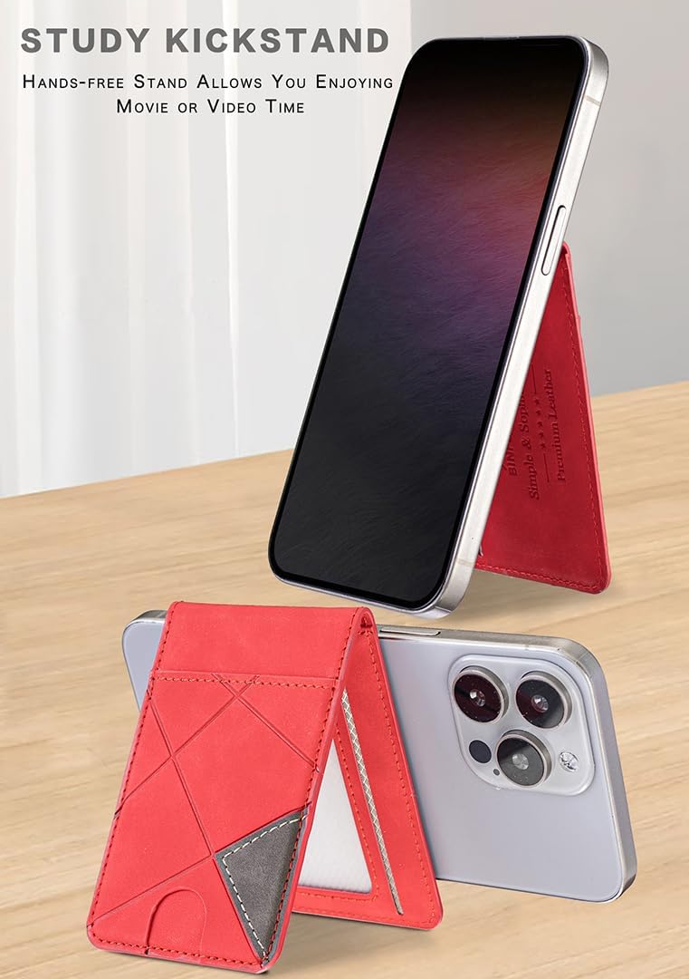 iTape Leather Magnetic Phone Wallet Compatible with Various Phone Models Android and iOS, Magnetic card holder with vertical prism Ultra-thin Trifold Wallet Card Holder Flip Stand Red