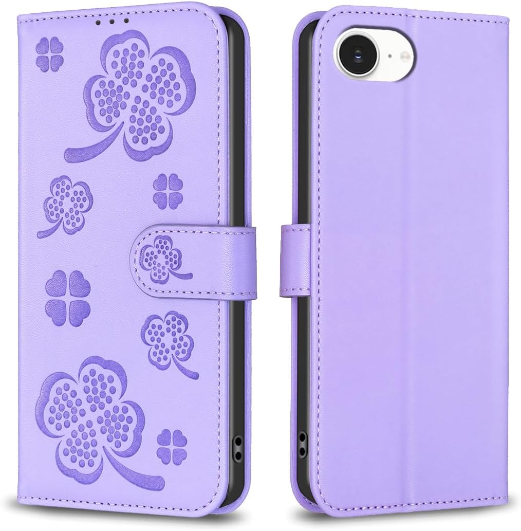Wallet Leather Case for iPhone 16E, Embossed Four Leaf Clover Design, Magnetic Snap Wallet Case, Flip Shockproof Case Pink