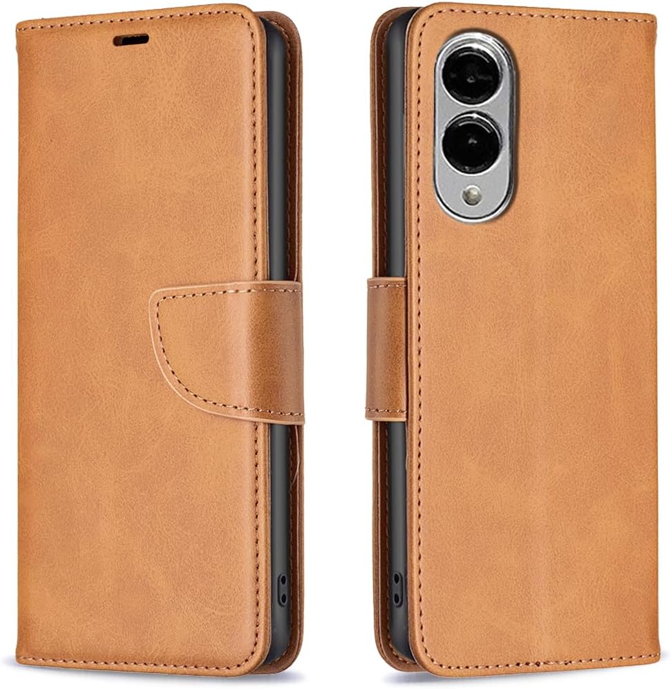 iTape Solid lambskin leather phone case for Samsung Galaxy S25 Edge, snap wallet style case, flip stand shock protection Brown