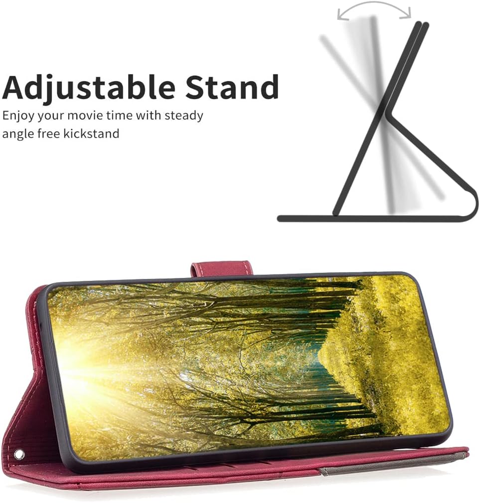 Denim pebbled phone case for iPhone 16E, magnetic buckle wallet case, flip-top stand for shock protection Red