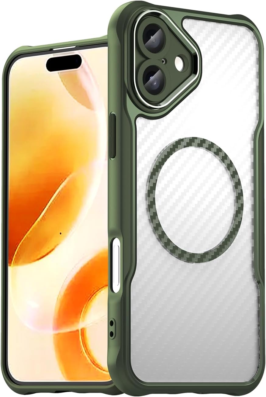 Magnetic carbon fibre case for iPhone 16 Plus, support wireless charging, carbon fibre shockproof slim case Black
