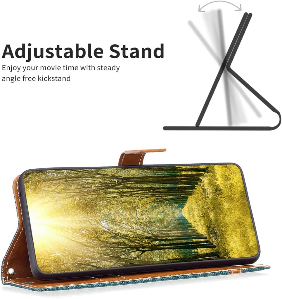 Colorblock Denim Wallet Phone Case for iPhone 16E, Wallet Phone Case Flip Stand, Credit Card Slot Wallet Wrist strap Green