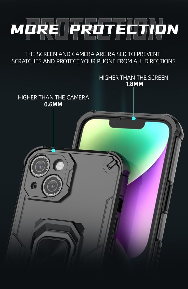 Magnetic bracket mobile phone case for iPhone 13, military-grade four-corner airbag shockproof protection mobile phone case, 360° metal bracket compatible with finger ring buckle Blue
