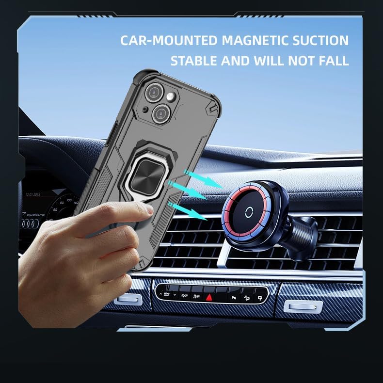Magnetic bracket mobile phone case for iPhone 13, military-grade four-corner airbag shockproof protection mobile phone case, 360° metal bracket compatible with finger ring buckle Blue