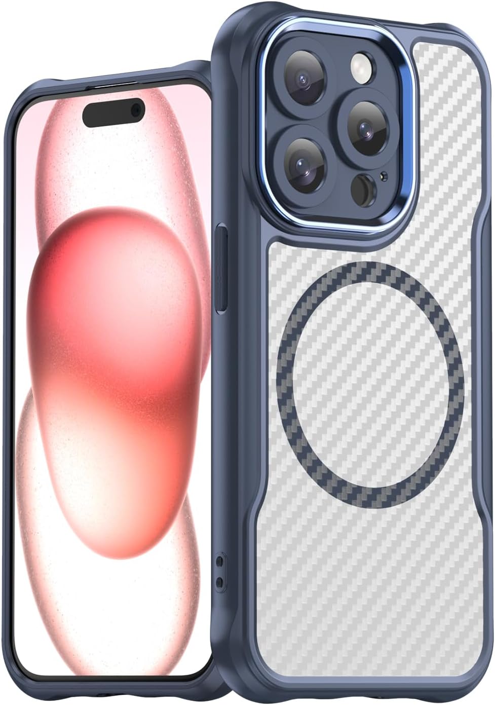 Magnetic carbon fibre case for iPhone 15 Pro, support wireless charging, carbon fibre shockproof slim case Blue