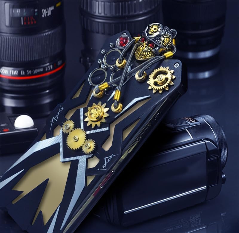 iTape Mechanical gear metal phone case for Samsung Galaxy S23 Ultra, Steampunk Gothic style skull stand phone case for Samsung Galaxy S23 Ultra Black