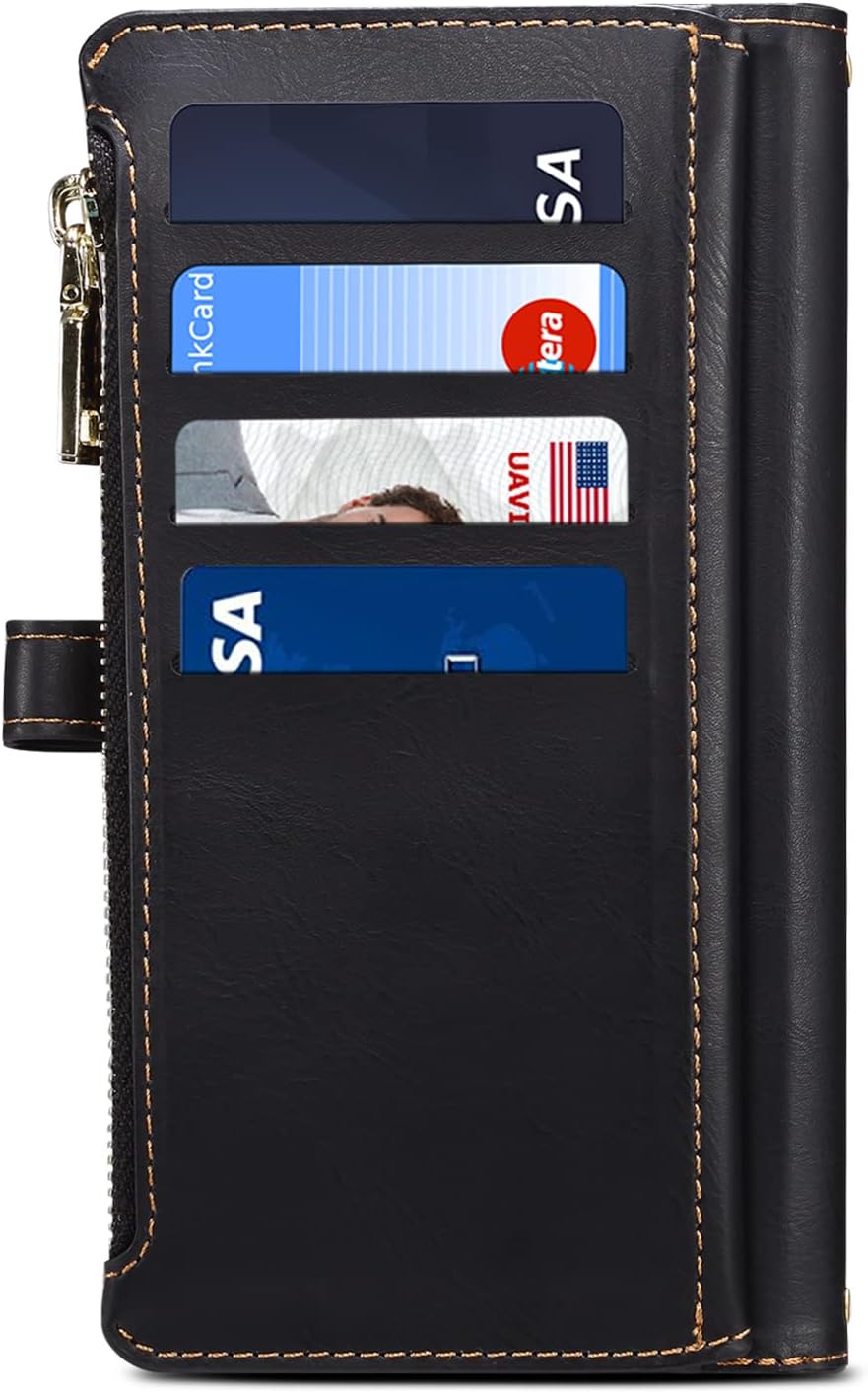 iTape Wallet case for Samsung Galaxy S24 Ultra, card slot photo frame flip stand phone protective case (RFID anti-theft brush) with wrist strap, cross-body strap Orange