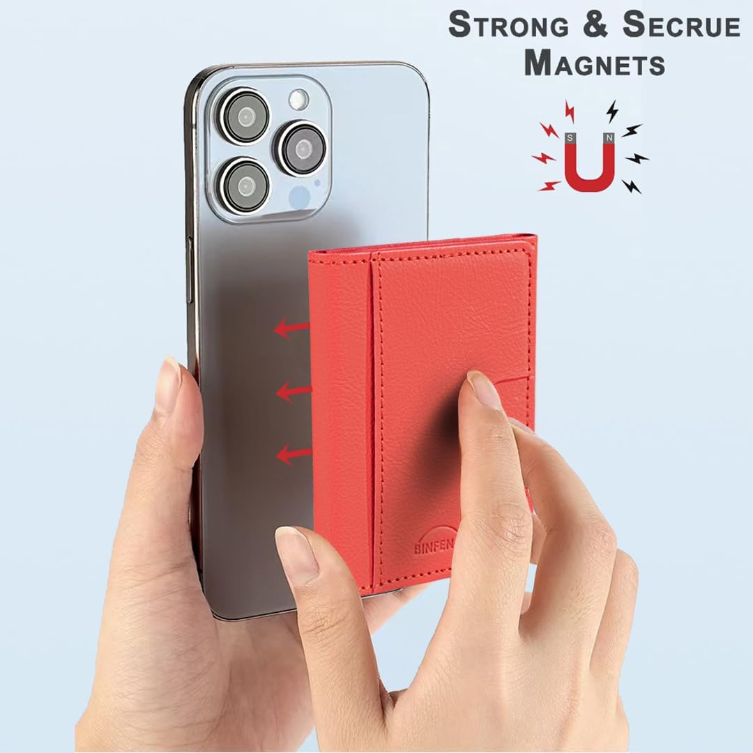 iTape Leather Magnetic Phone Wallet Compatible with Various Phone Models Android and iOS, Solid Color Magnetic Card Holder Ultra-thin Trifold Wallet Card Holder Flip Stand Red