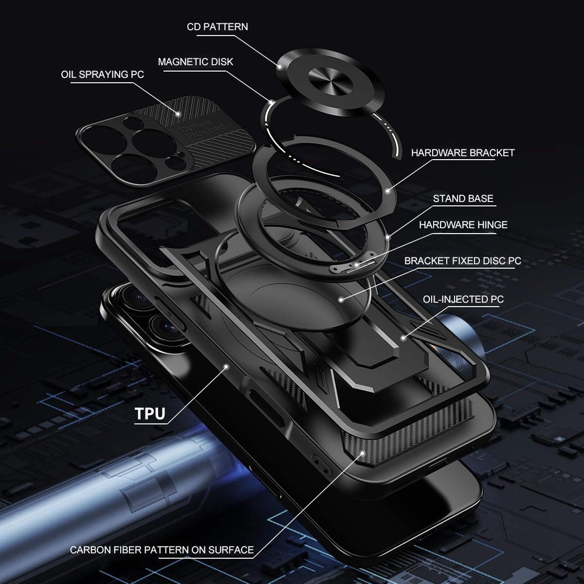 Hard Plated PC Armor Cover for iPhone 16 Pro max with 360° Rotating Metal Ring Strong Magnetic Car Mount Phone Case Support wireless charging Gray