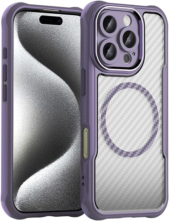 iTape Carbon fiber phone case for iPhone16 Pro, double-layer shockproof airbag anti-drop protective case, heavy-duty ultra-thin TPU shell, supports wireless charging Purple