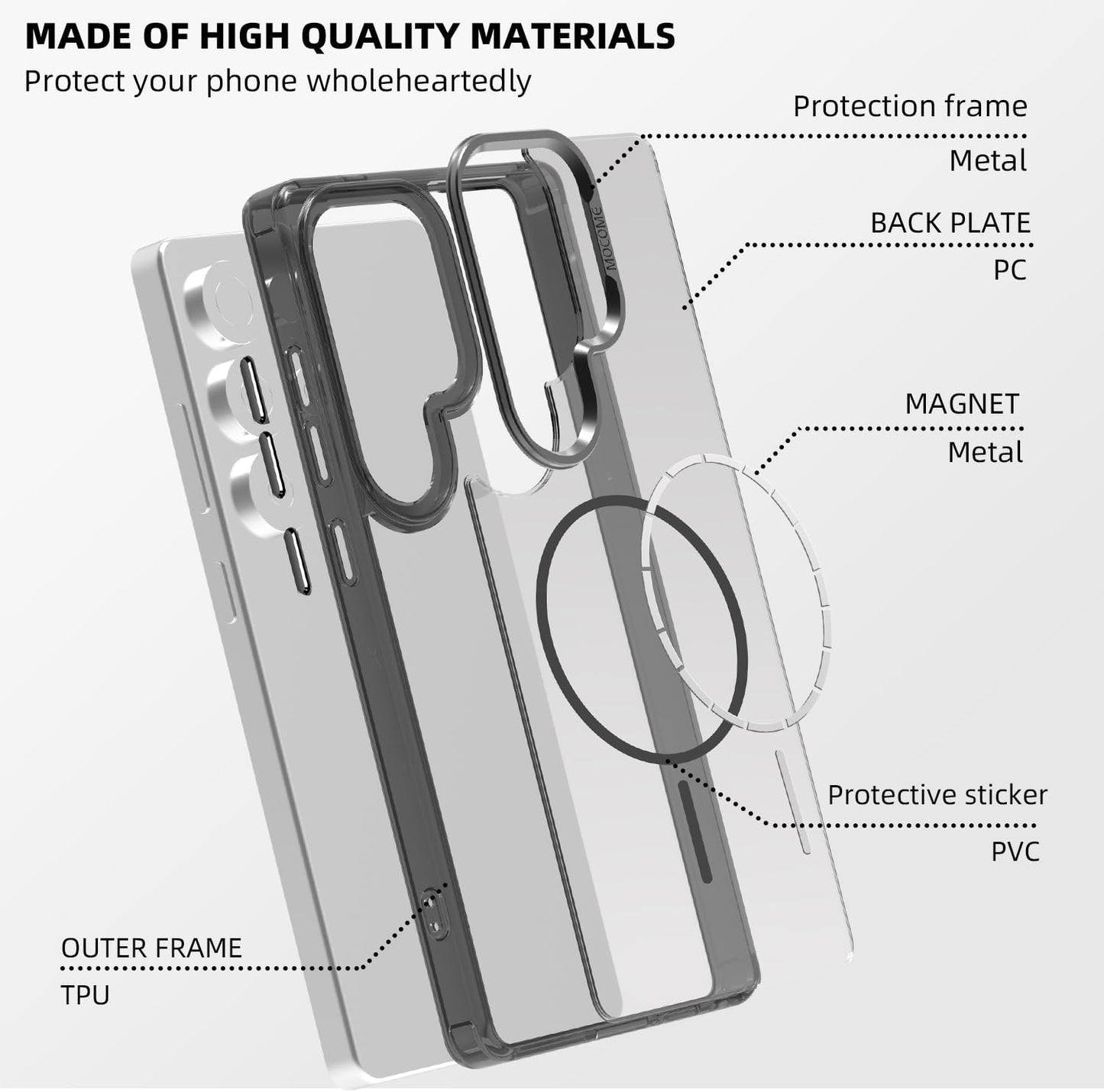 iTape Magnetic transparent phone case for Samsung Galaxy S25 Ultra, supports wireless charging, military-grade drop-proof, Car magnetic bracket 2 in 1 magnetic card holder