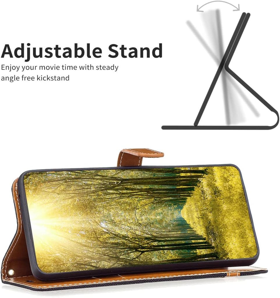 Colorblock Denim Wallet Phone Case for iPhone 16E, Wallet Phone Case Flip Stand, Credit Card Slot Wallet Wrist strap Green