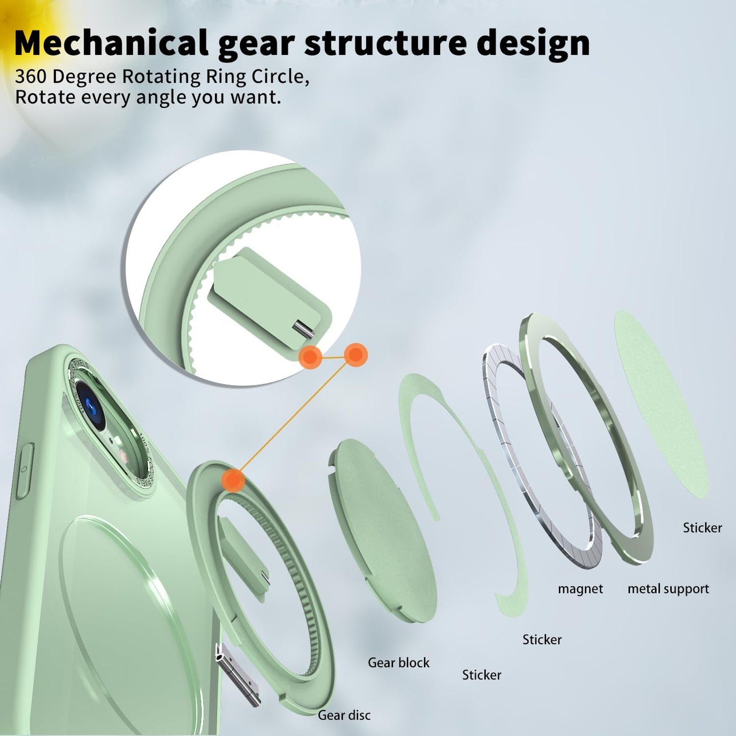 Magnetic phone case for iPhone 16E, mechanical gear 360° rotating bracket supports wireless charging, shockproof ultra-thin shell