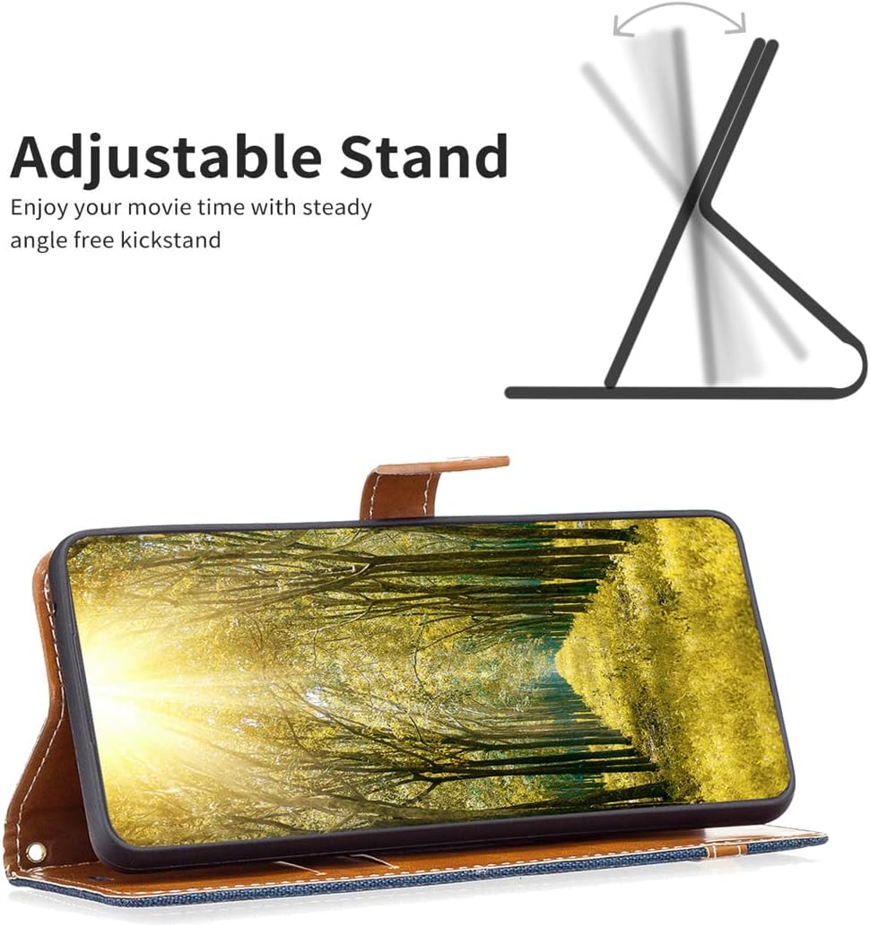Colorblock Denim Wallet Phone Case for iPhone 16E, Wallet Phone Case Flip Stand, Credit Card Slot Wallet Wrist strap Green