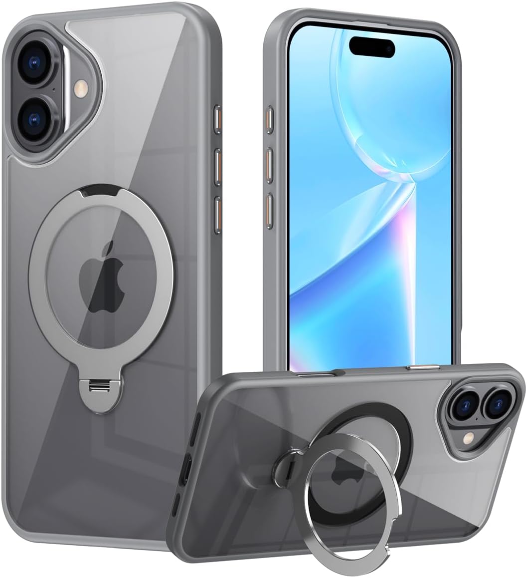 Magnetic phone case for iPhone 16 Plus, supports wireless charging, 360° rotating bracket, military-grade drop protection Gray