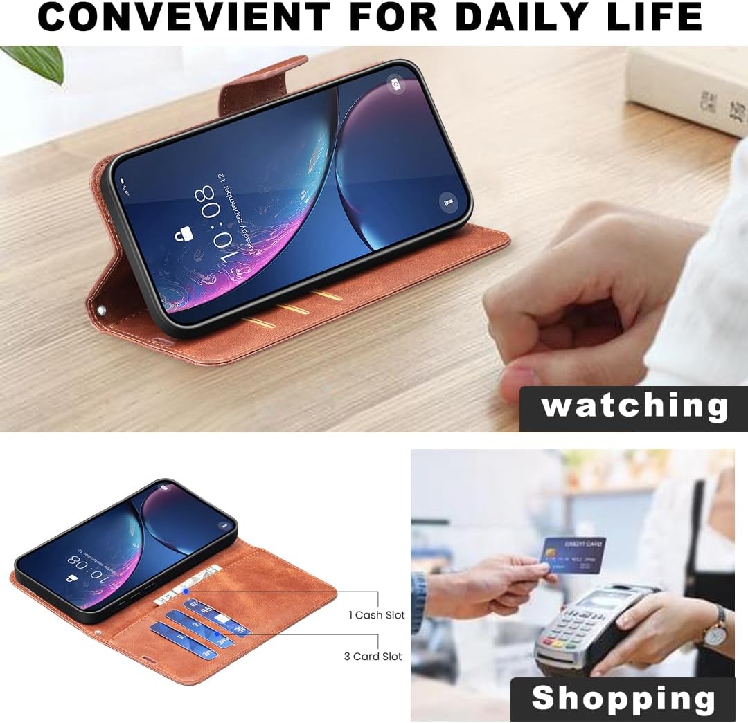 iTape Solid lambskin leather phone case for Samsung Galaxy S25 Edge, snap wallet style case, flip stand shock protection Brown