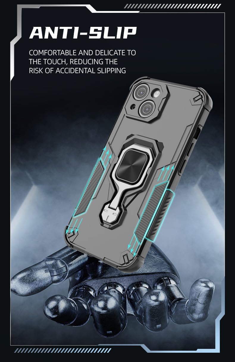 Magnetic bracket mobile phone case for iPhone 13, military-grade four-corner airbag shockproof protection mobile phone case, 360° metal bracket compatible with finger ring buckle Blue