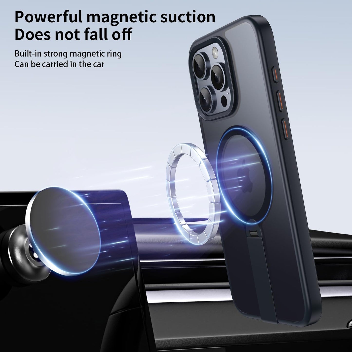 Magnetic phone case for iPhone 15 Pro max, supports wireless charging, 360° rotating invisible bracket, military-grade anti-drop protection Black