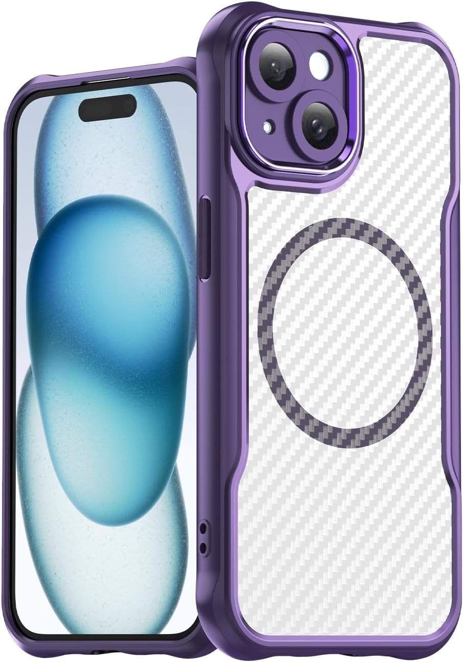 Magnetic carbon fibre case for iPhone 15, support wireless charging, carbon fibre shockproof slim case Blue