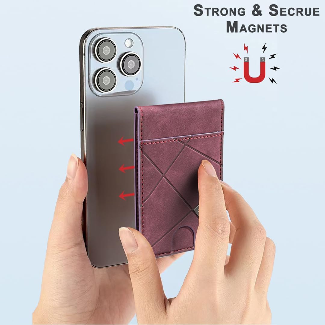 iTape Leather Magnetic Phone Wallet Compatible with Various Phone Models Android and iOS, Magnetic card holder with vertical prism Ultra-thin Trifold Wallet Card Holder Flip Stand Red
