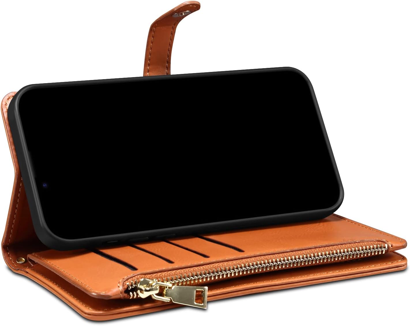 iTape Wallet case for Samsung Galaxy S24 Ultra, card slot photo frame flip stand phone protective case (RFID anti-theft brush) with wrist strap, cross-body strap Orange