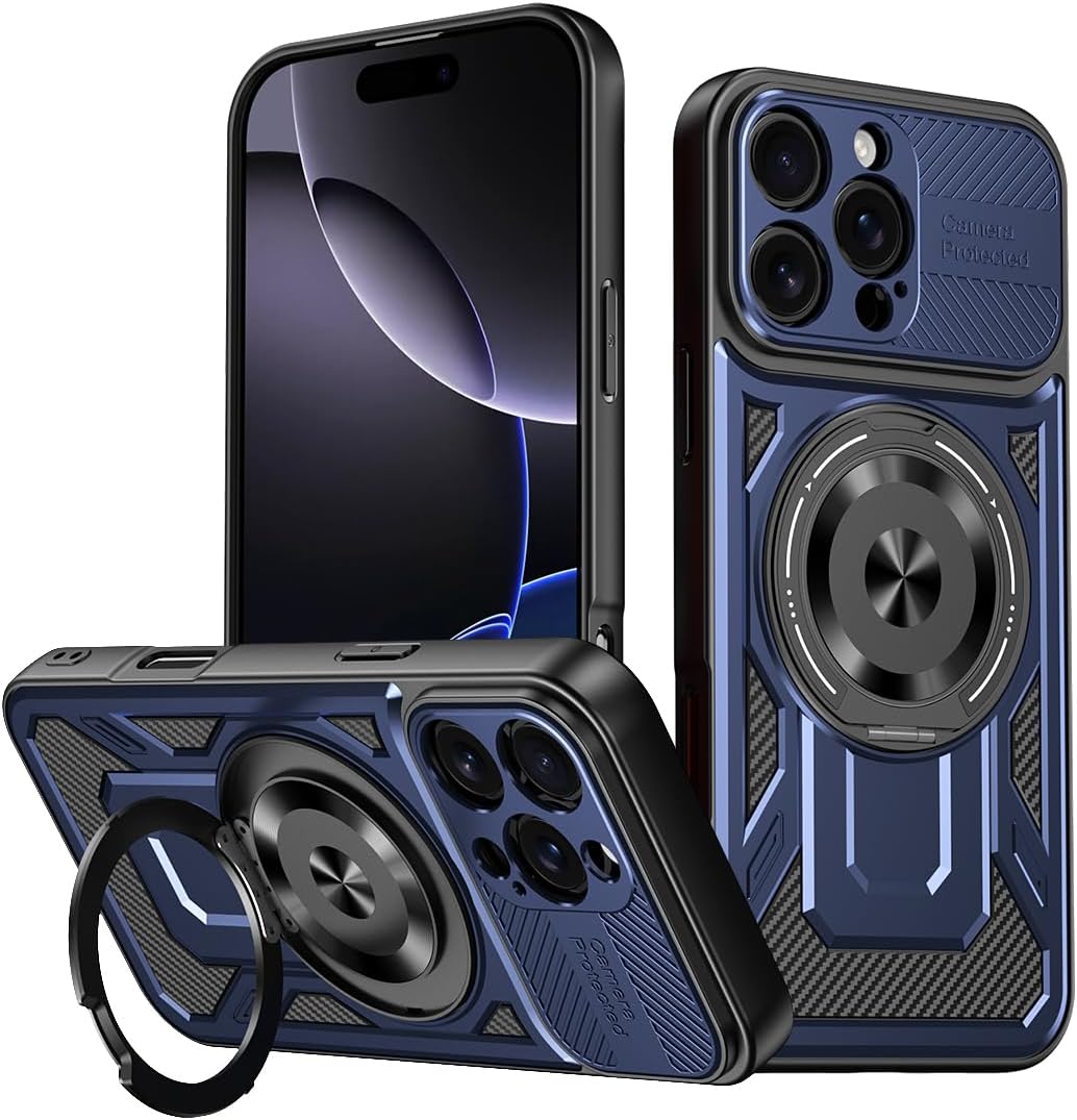 Hard Plated PC Armor Cover for iPhone 16 Pro max with 360° Rotating Metal Ring Strong Magnetic Car Mount Phone Case Support wireless charging Gray