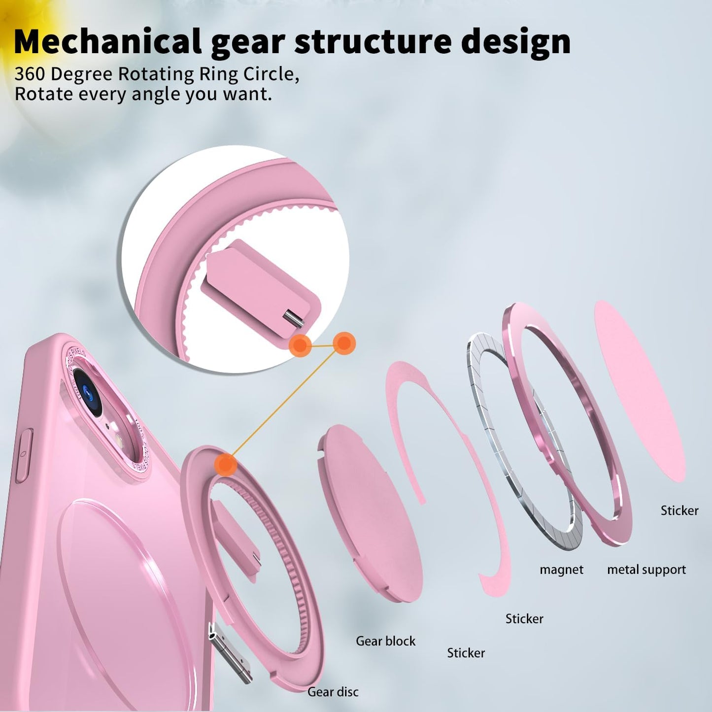 Magnetic phone case for iPhone 16E, mechanical gear 360° rotating bracket supports wireless charging, shockproof ultra-thin shell