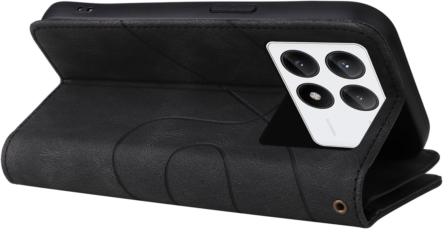 iTape 9 Card Slots Phone Case for Xiaomi POCO X6 PRO 5G, Zipper Wallet, Dual Color Stitching Color Flip Stand Card Slots Cash Clip Shockproof, Wrist Strap Black