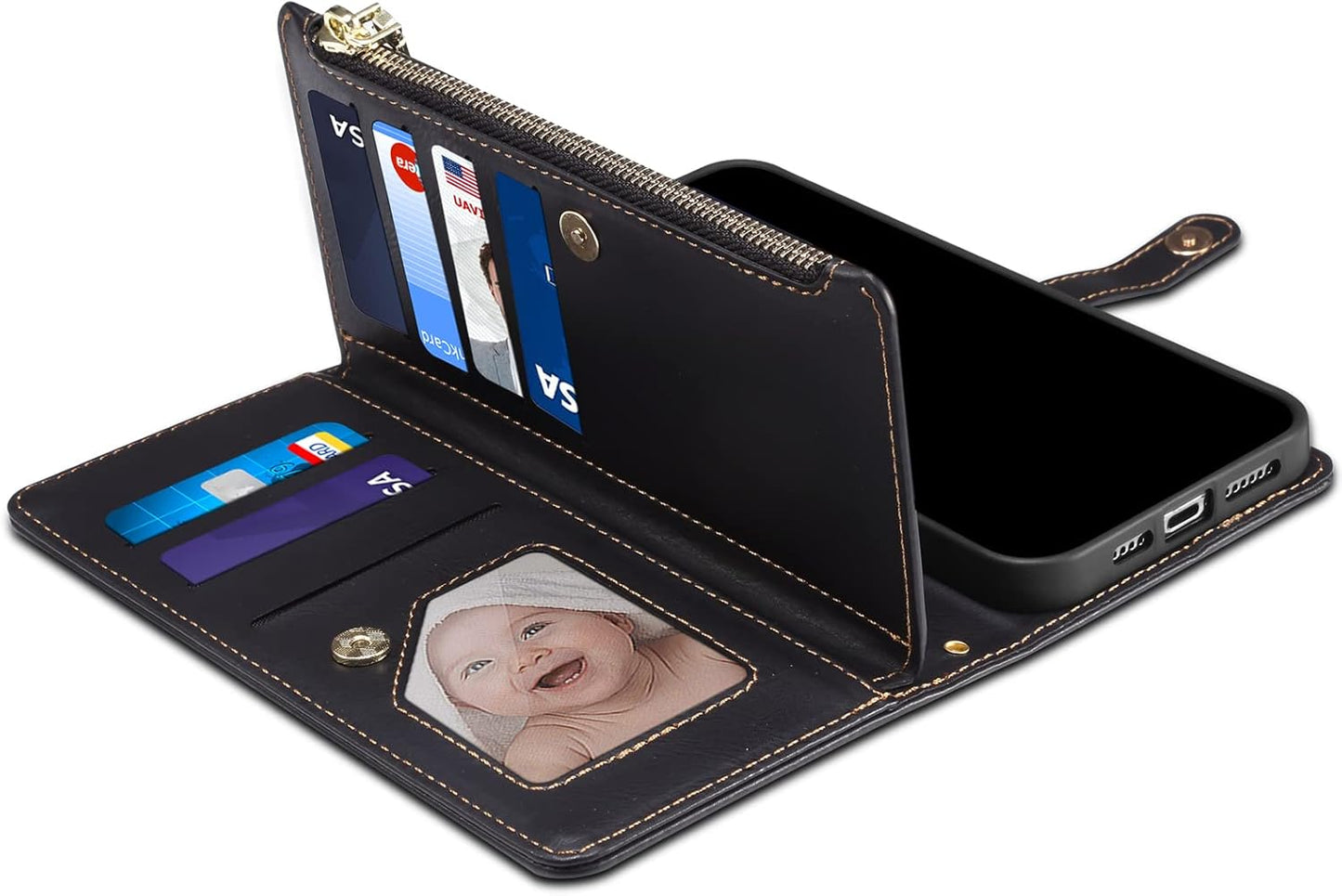 iTape Wallet case for Samsung Galaxy S24 Ultra, card slot photo frame flip stand phone protective case (RFID anti-theft brush) with wrist strap, cross-body strap Orange