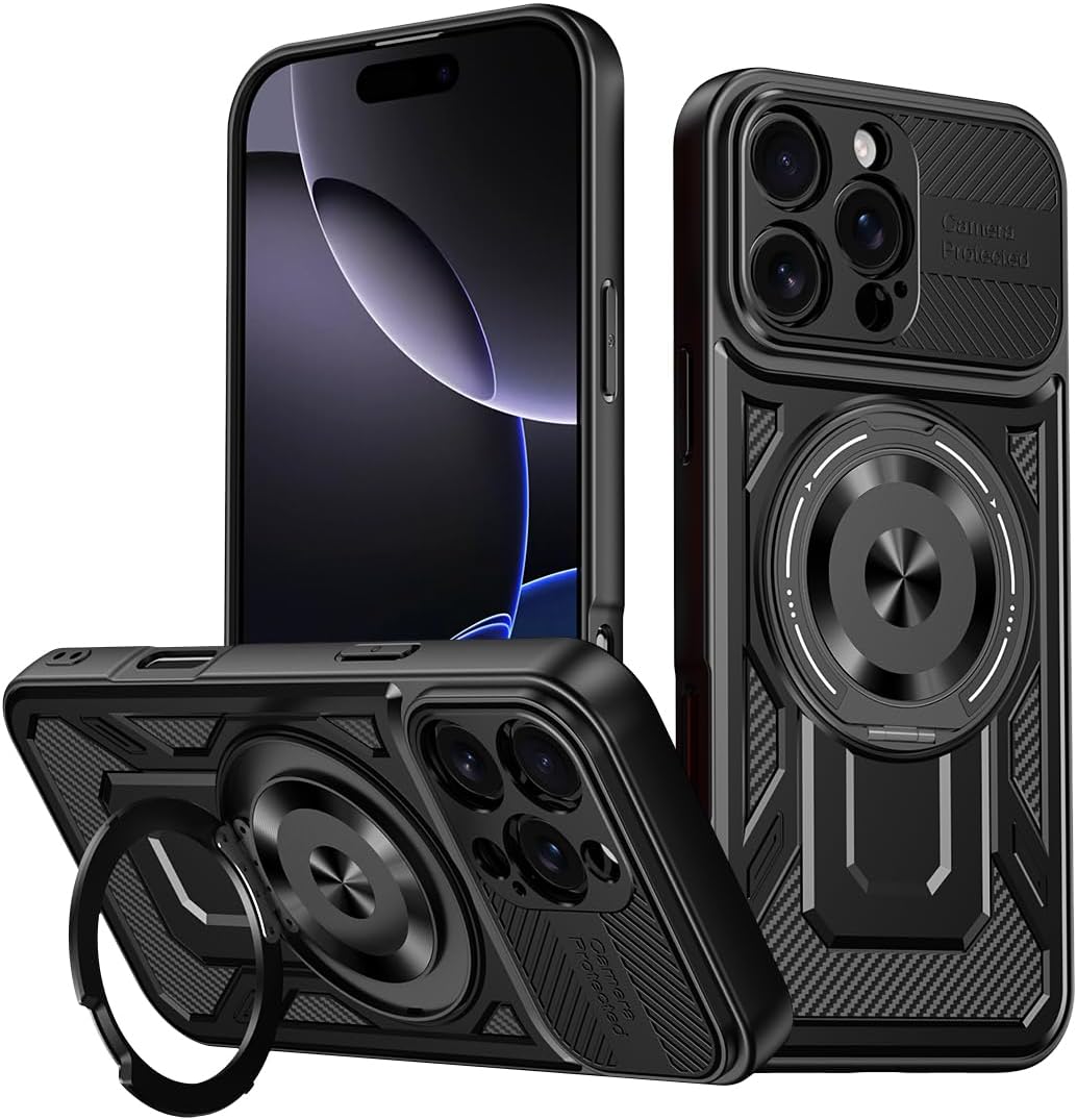 Hard Plated PC Armor Cover for iPhone 16 Pro max with 360° Rotating Metal Ring Strong Magnetic Car Mount Phone Case Support wireless charging Gray