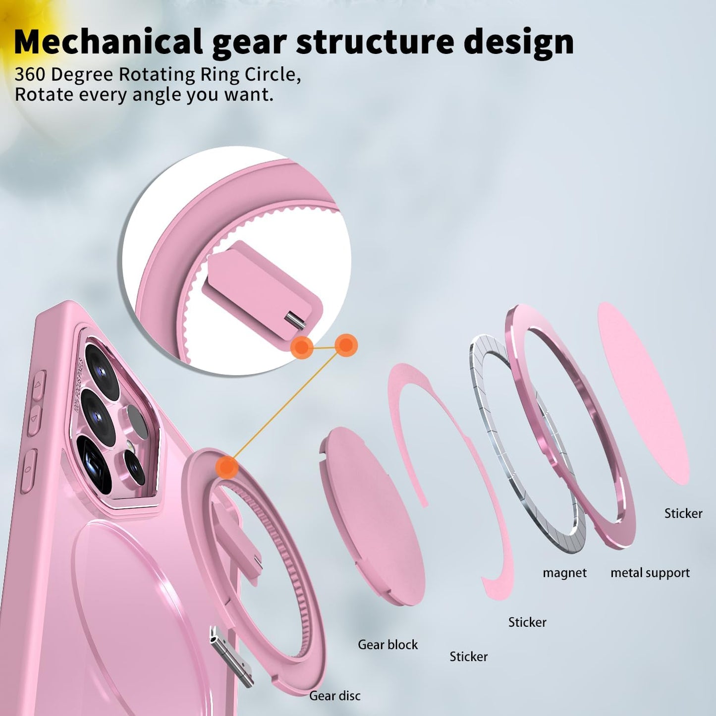iTape Magnetic phone case for Samsung Galaxy S25 Ultra, mechanical gear 360° rotating bracket supports wireless charging, shockproof ultra-thin shell Gray