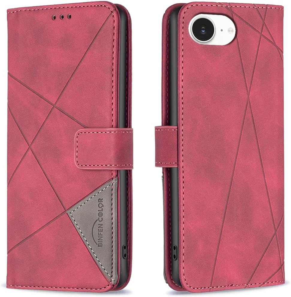 Denim pebbled phone case for iPhone 16E, magnetic buckle wallet case, flip-top stand for shock protection Red