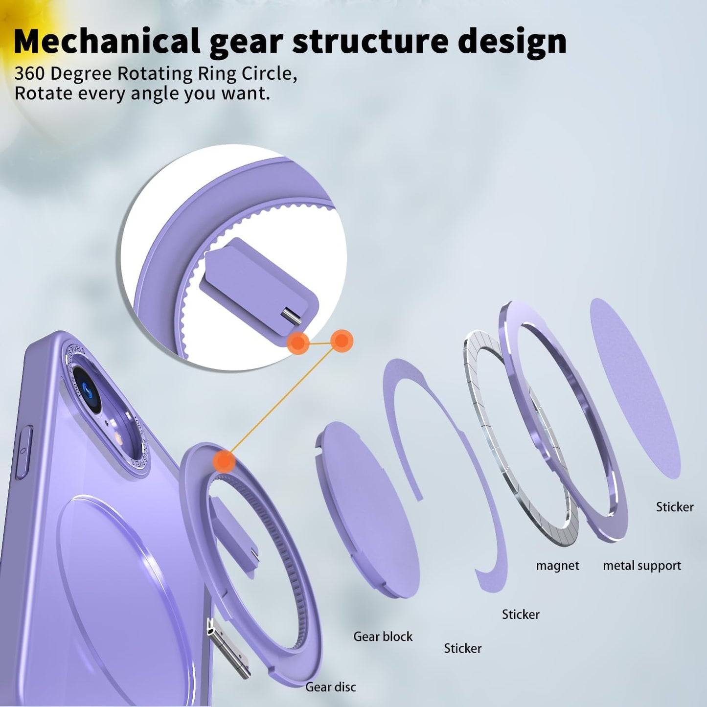 Magnetic phone case for iPhone 16E, mechanical gear 360° rotating bracket supports wireless charging, shockproof ultra-thin shell