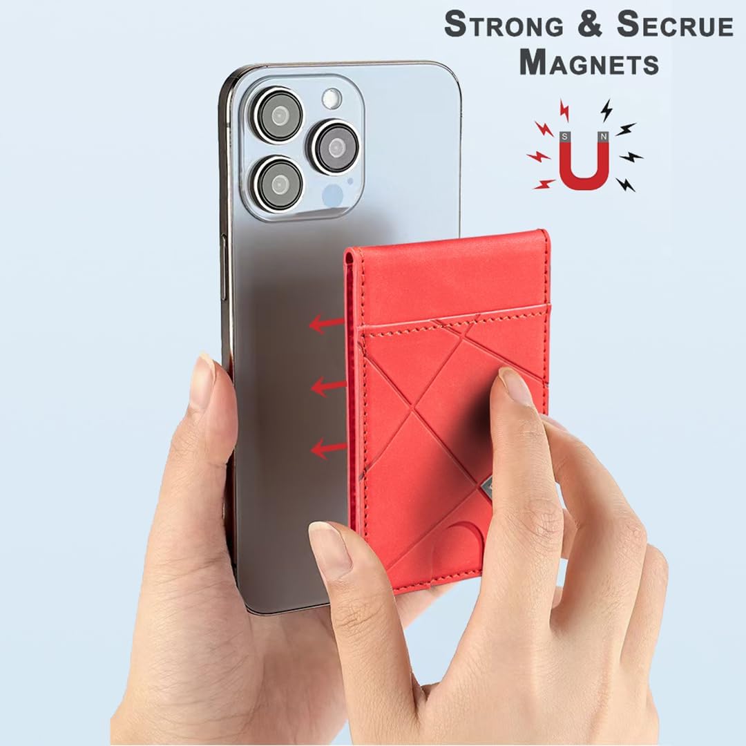 iTape Leather Magnetic Phone Wallet Compatible with Various Phone Models Android and iOS, Magnetic card holder with vertical prism Ultra-thin Trifold Wallet Card Holder Flip Stand Red