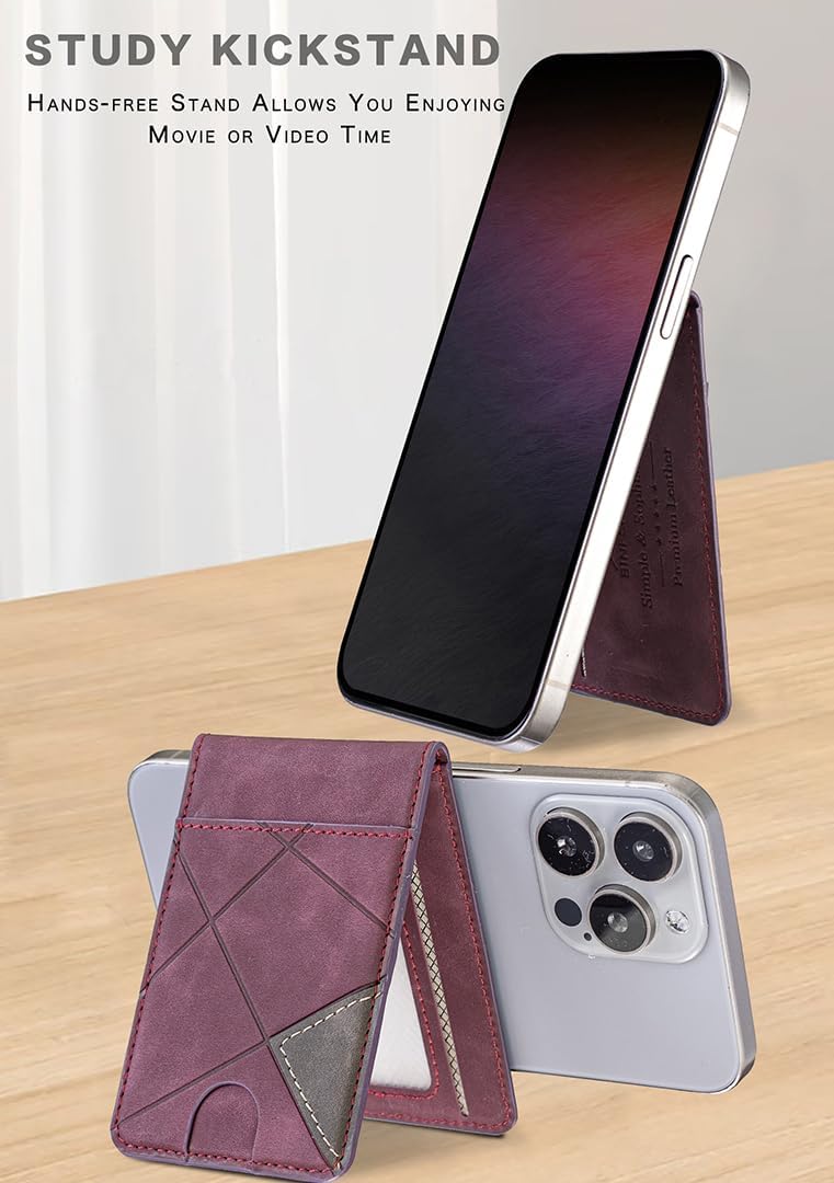 iTape Leather Magnetic Phone Wallet Compatible with Various Phone Models Android and iOS, Magnetic card holder with vertical prism Ultra-thin Trifold Wallet Card Holder Flip Stand Red
