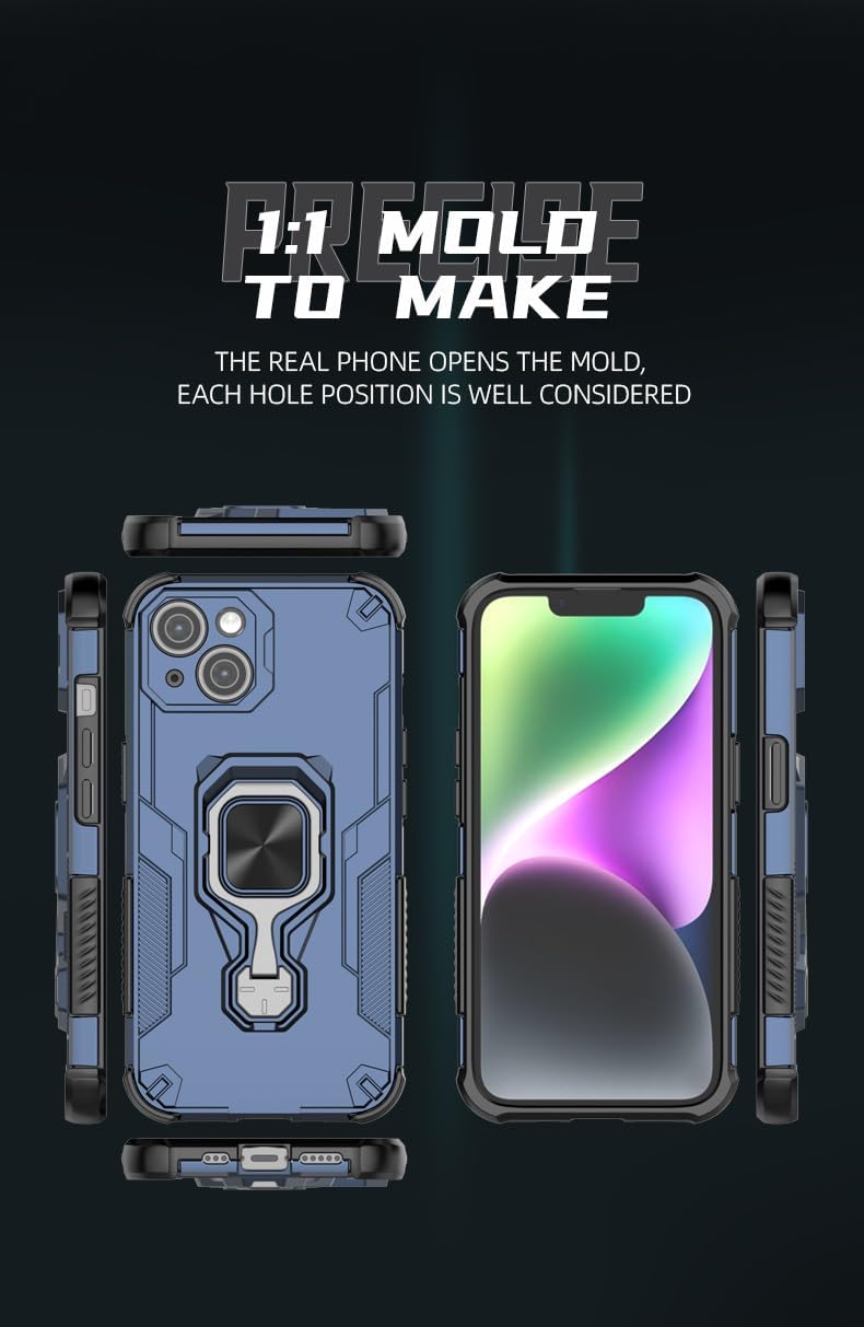 Magnetic bracket mobile phone case for iPhone 13, military-grade four-corner airbag shockproof protection mobile phone case, 360° metal bracket compatible with finger ring buckle Blue